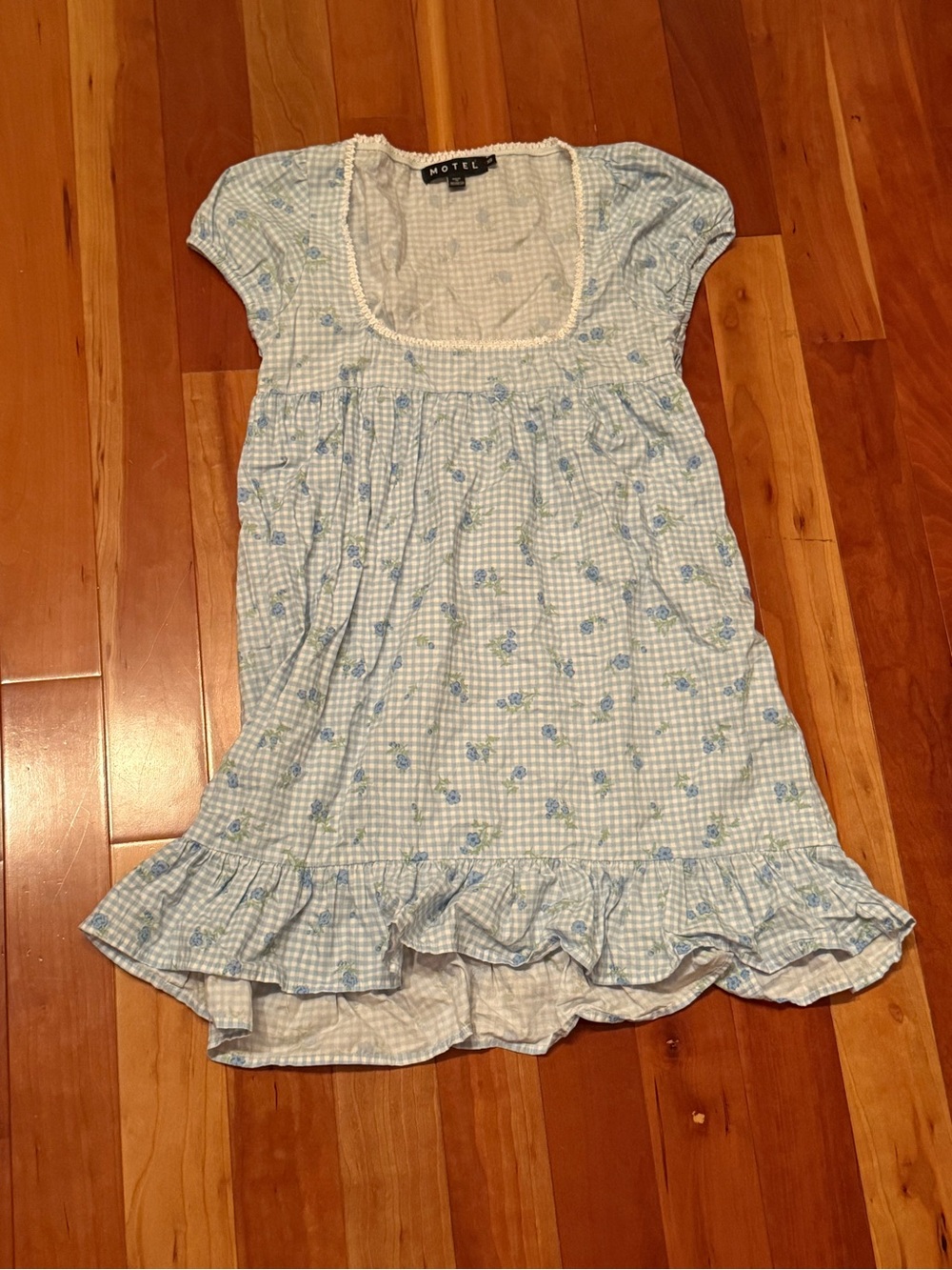 Motel Rocks Light Blue Gingham Floral Puff-Sleeve Babydoll Dress - Picture 3 of 8